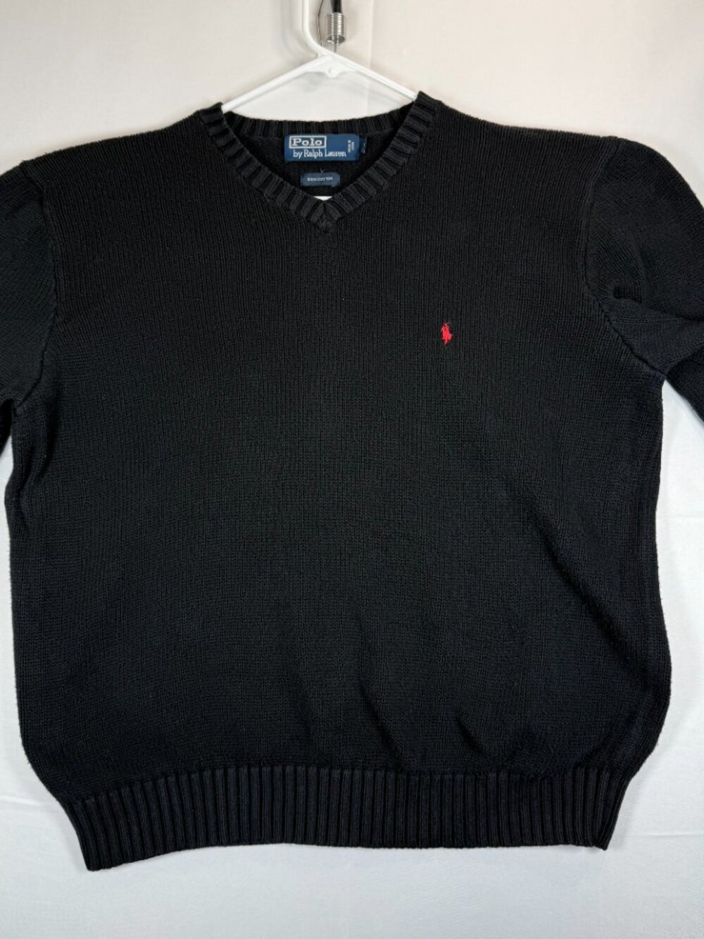 VTG Polo Ralph Lauren Knit Sweater Men’s L Black 100% Cotton V-Neck 90s Y2K